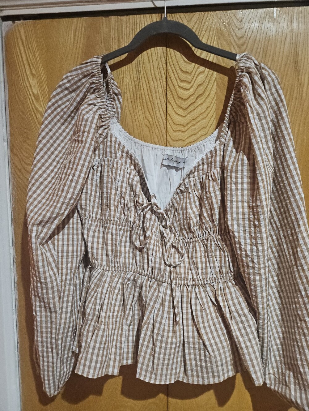 Petal & Pup Brown and White Gingham Tie-Front Peplum Top